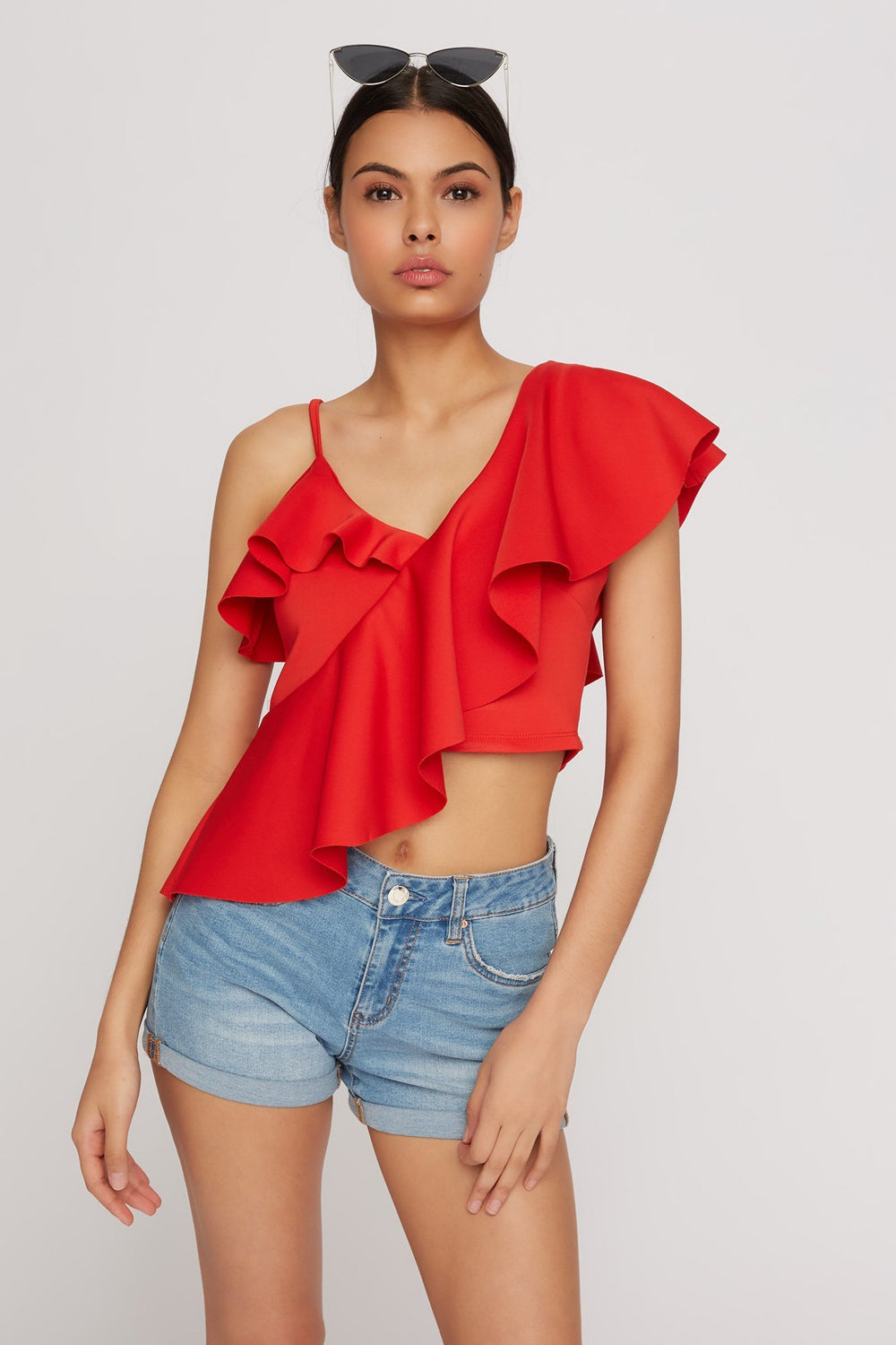Women One Shoulder Ruffle Scuba Asymmetrical Cropped Blouse Red
