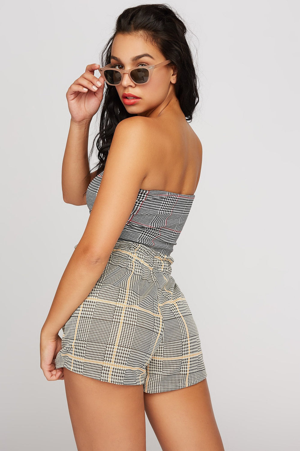 Women Plaid Tube Top Red