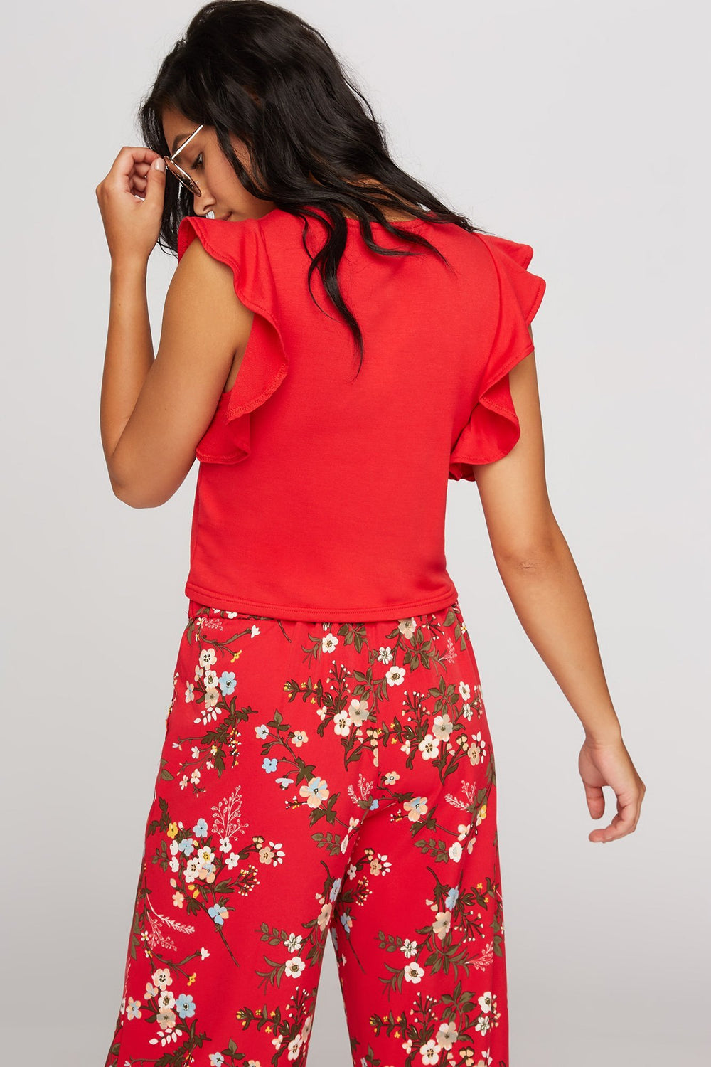 Women Ruffle Cropped Sweater Red