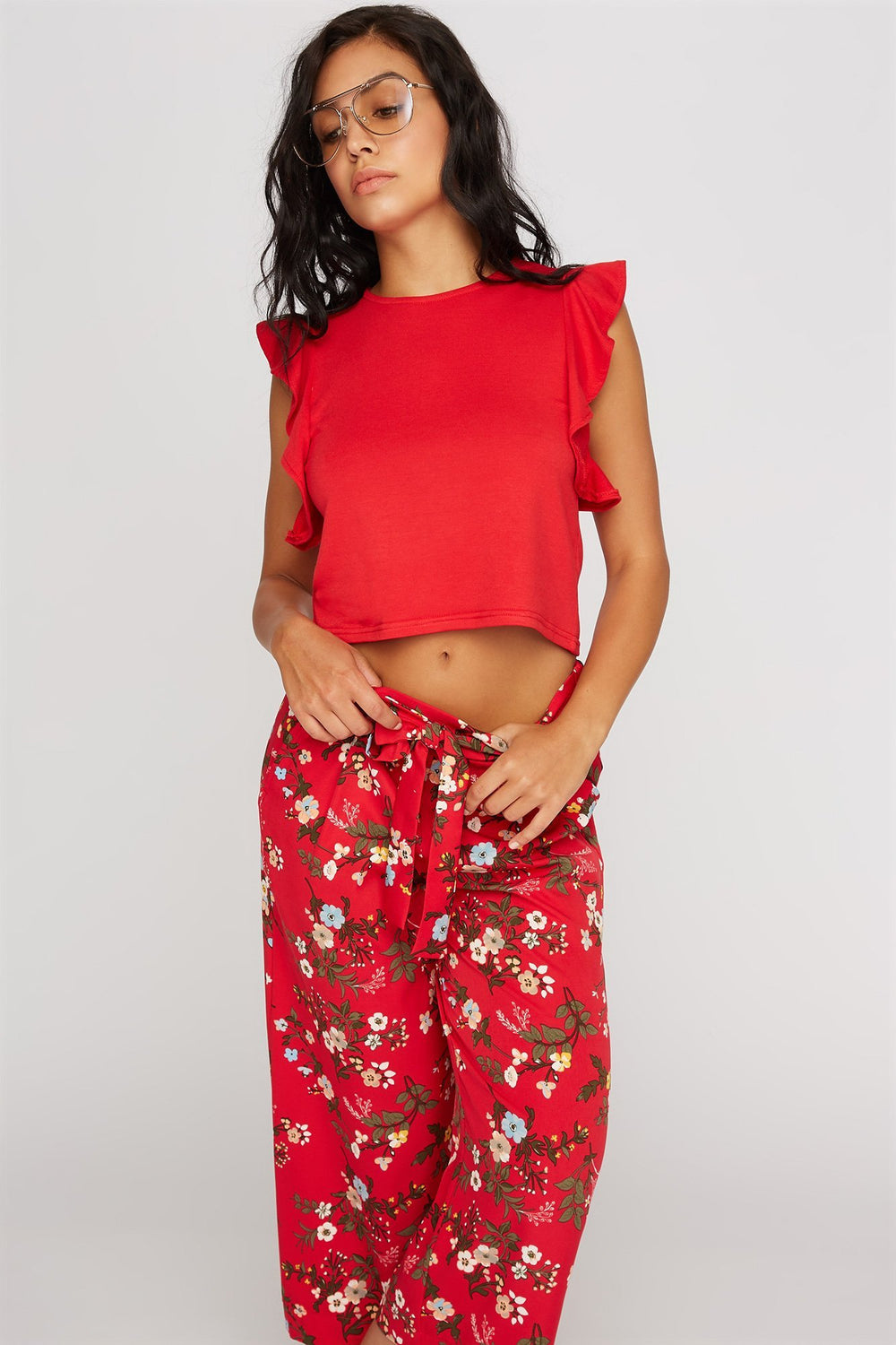 Women Ruffle Cropped Sweater Red