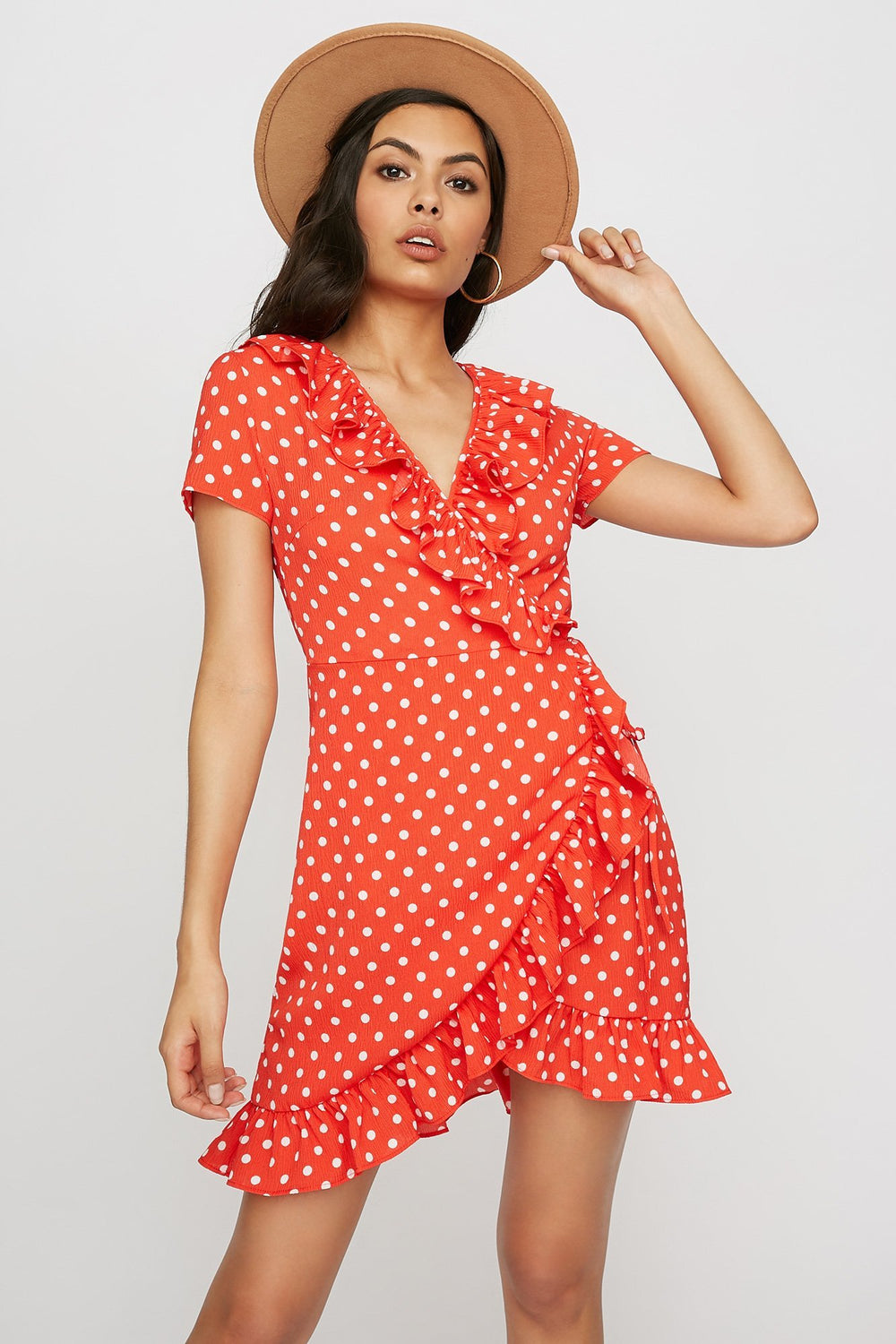 Women Ruffle Polka Dot Wrap Dress Red