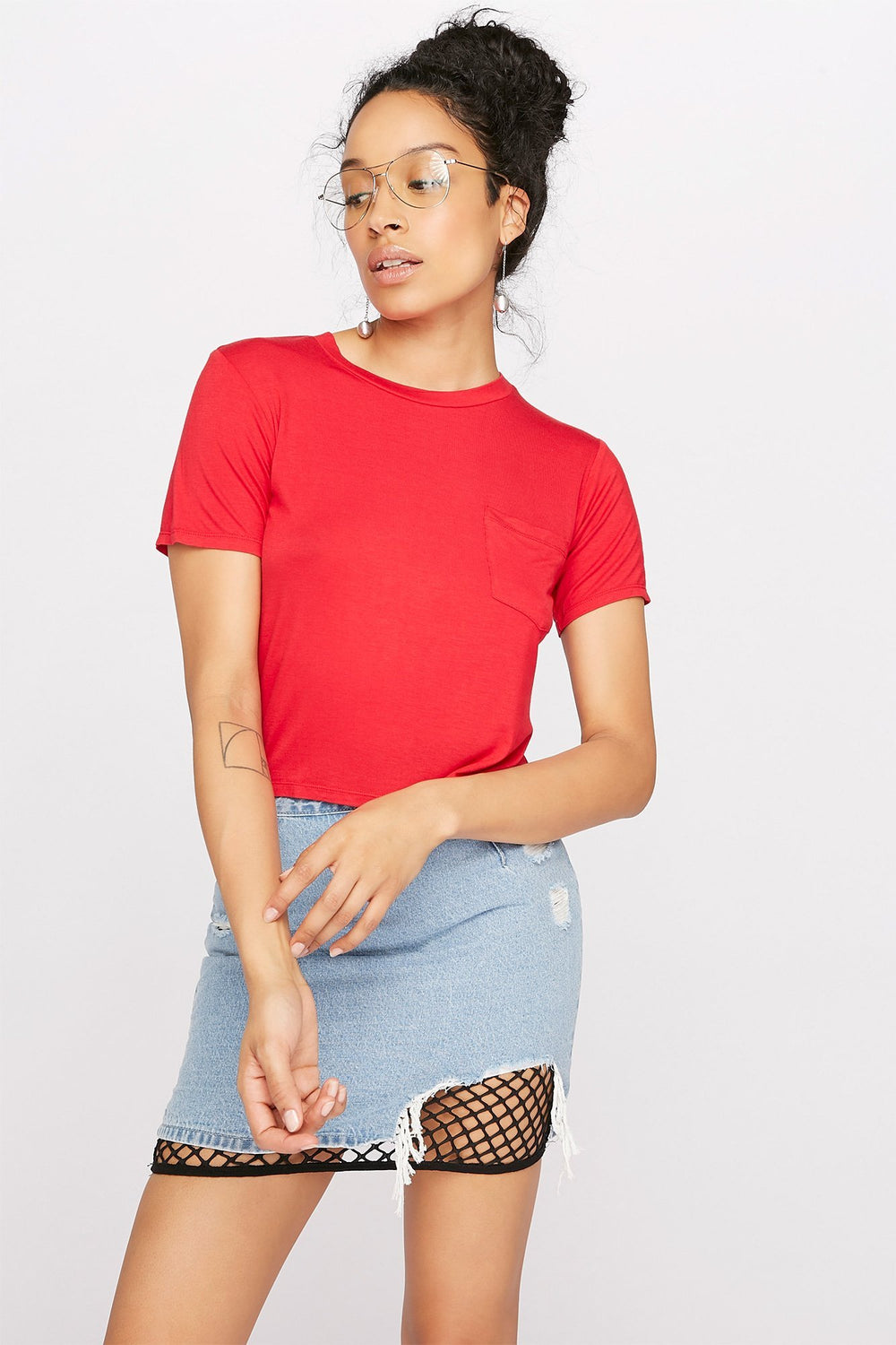 Women Basic Crewneck Pocket T-Shirt Red
