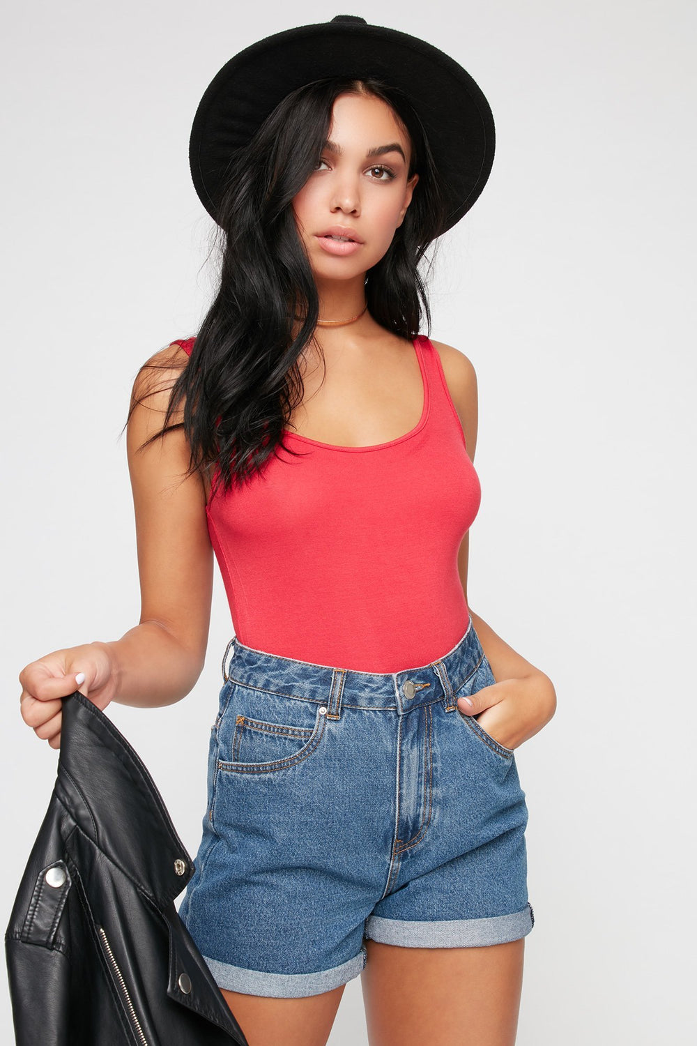 Women Basic Lightweight Bodysuit Red