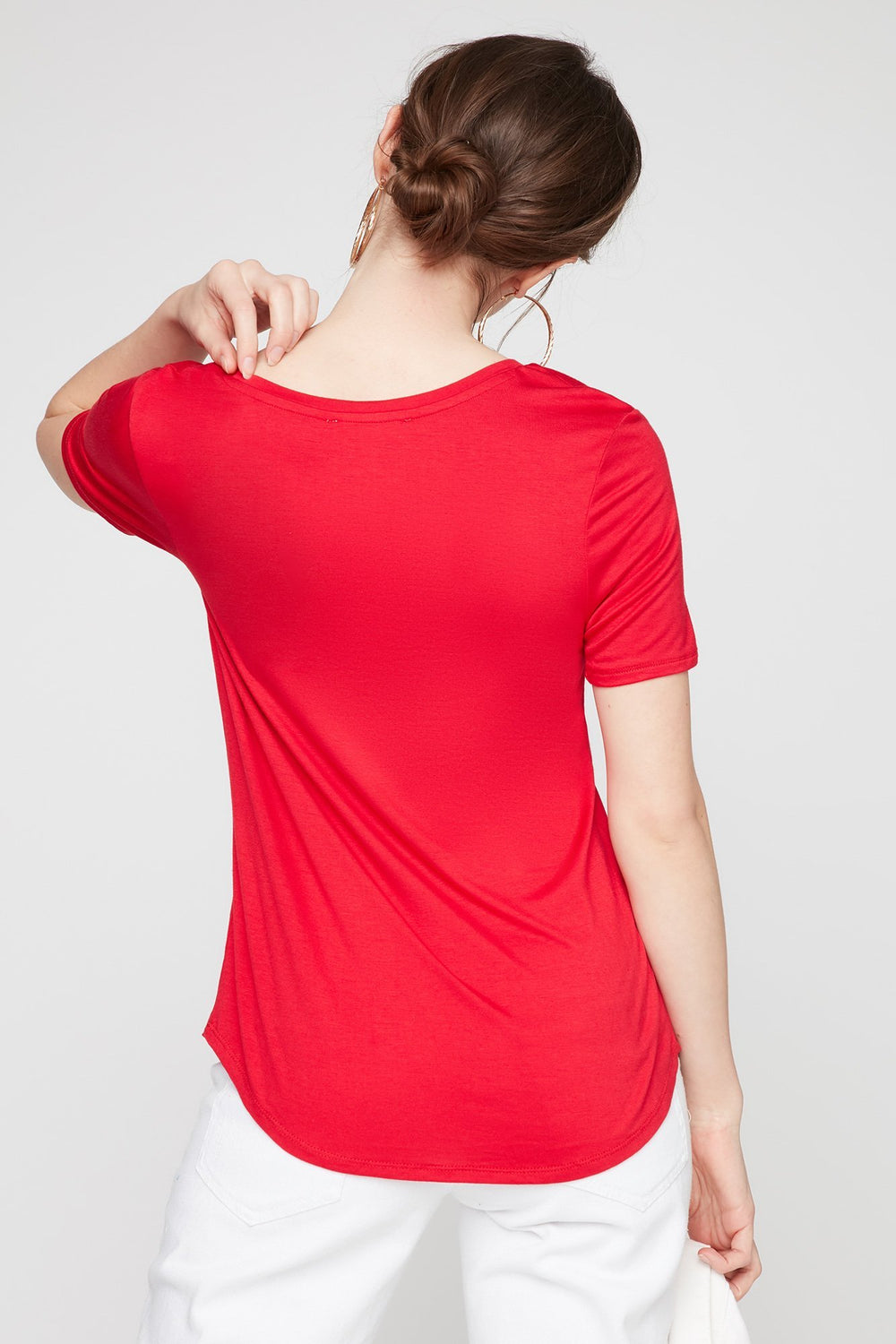 Women Basic V-Neck Pocket T-Shirt Red