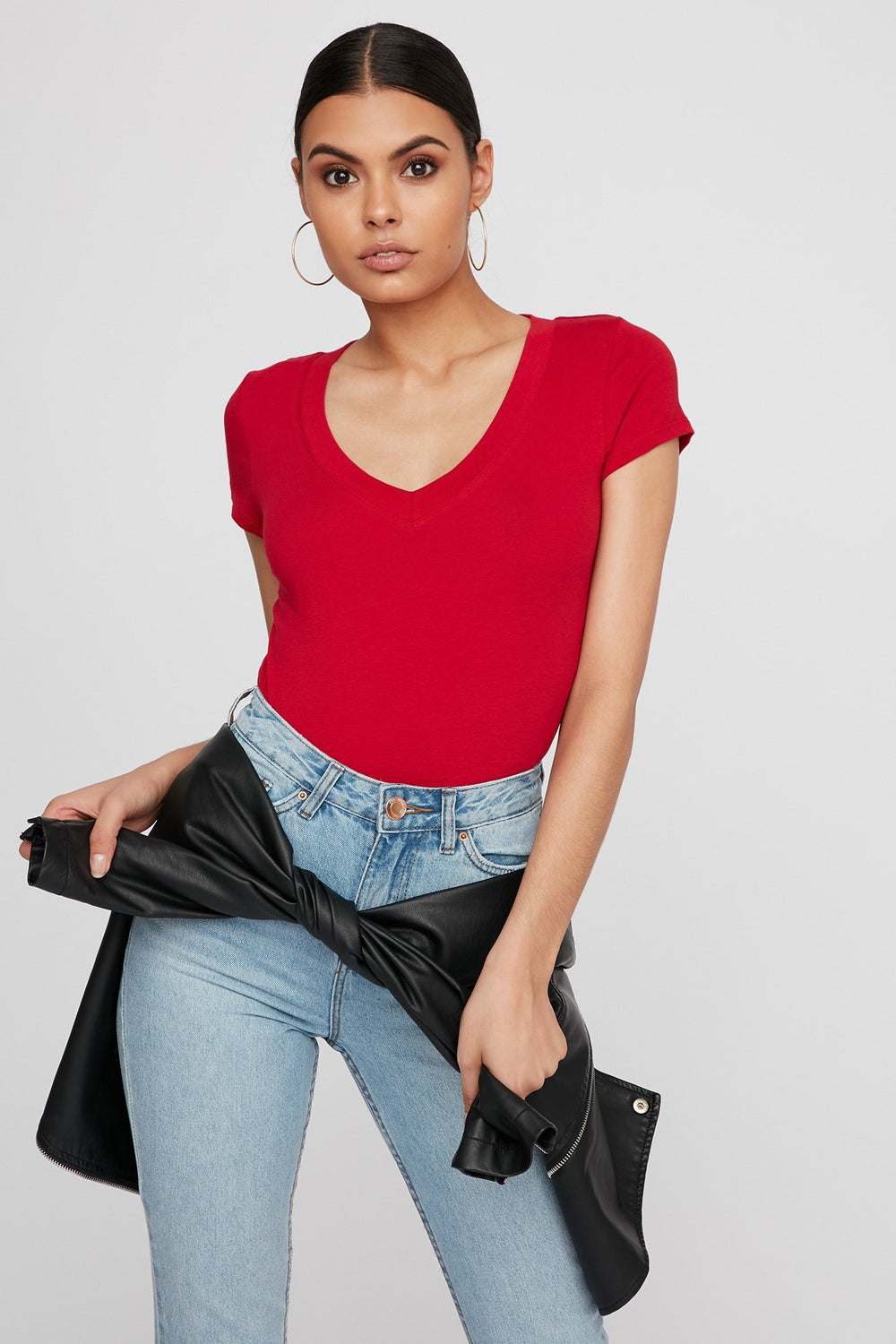 Women Basic V-Neck T-Shirt Red