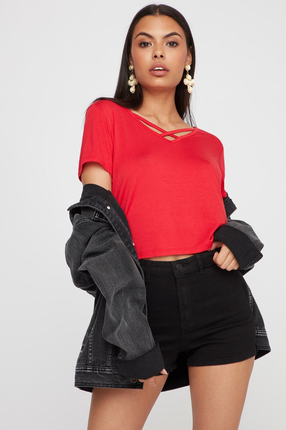 Women Caged-Neck Lightweight Basic T-Shirt Red