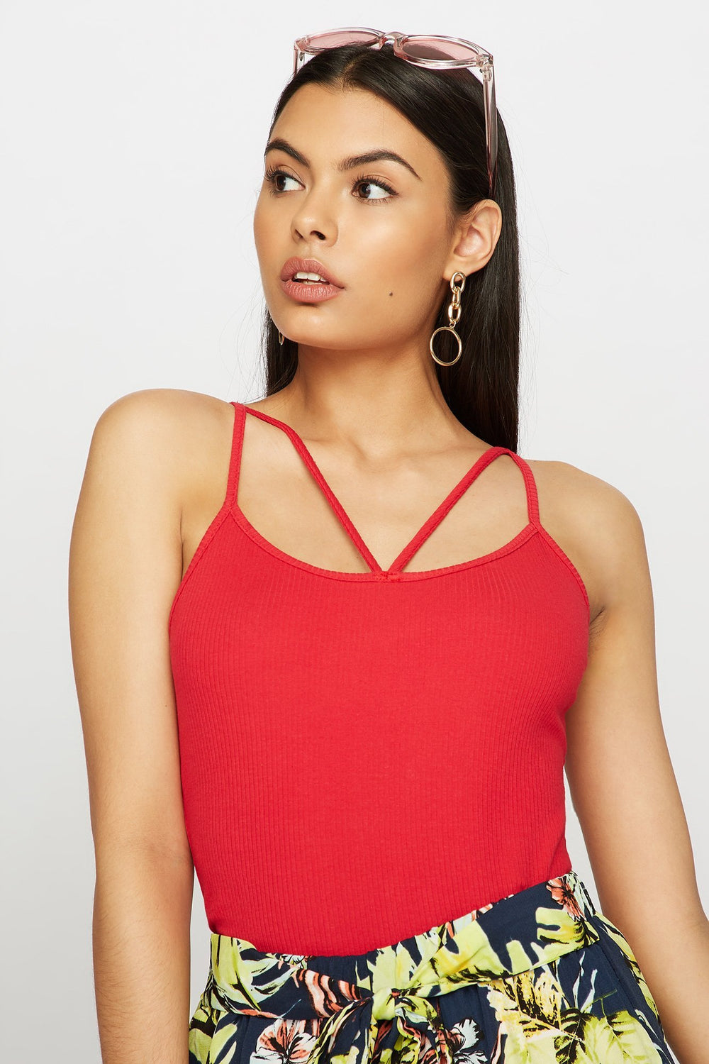 Women Caged Ribbed Camisole Red