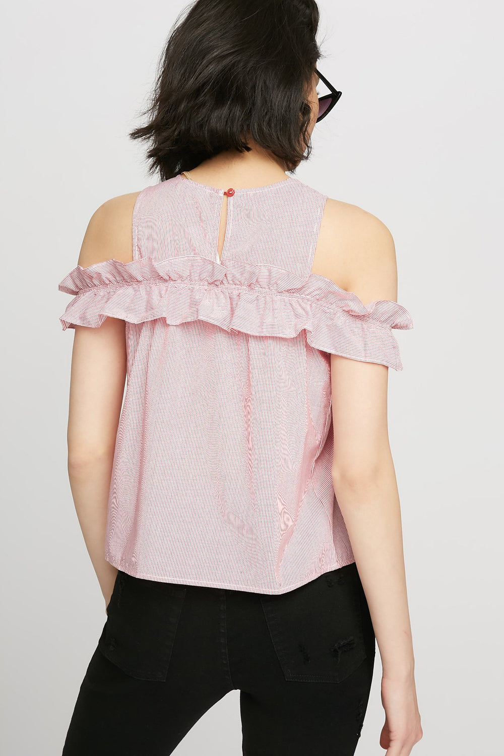 Women Cold Shoulder Striped Ruffle Blouse Red