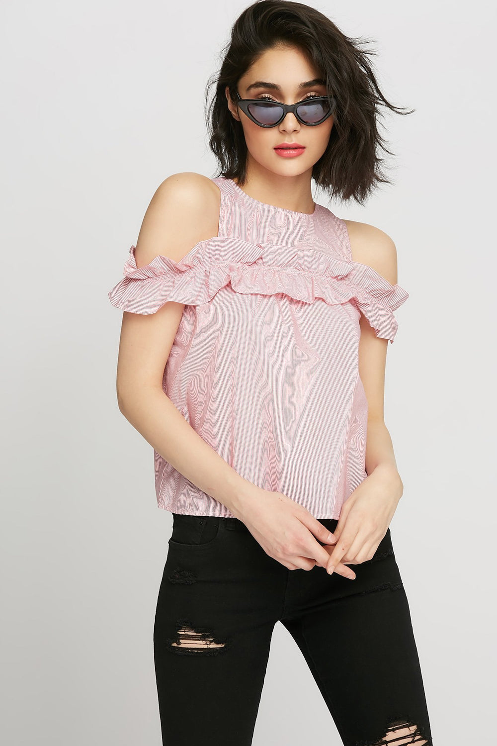 Women Cold Shoulder Striped Ruffle Blouse Red