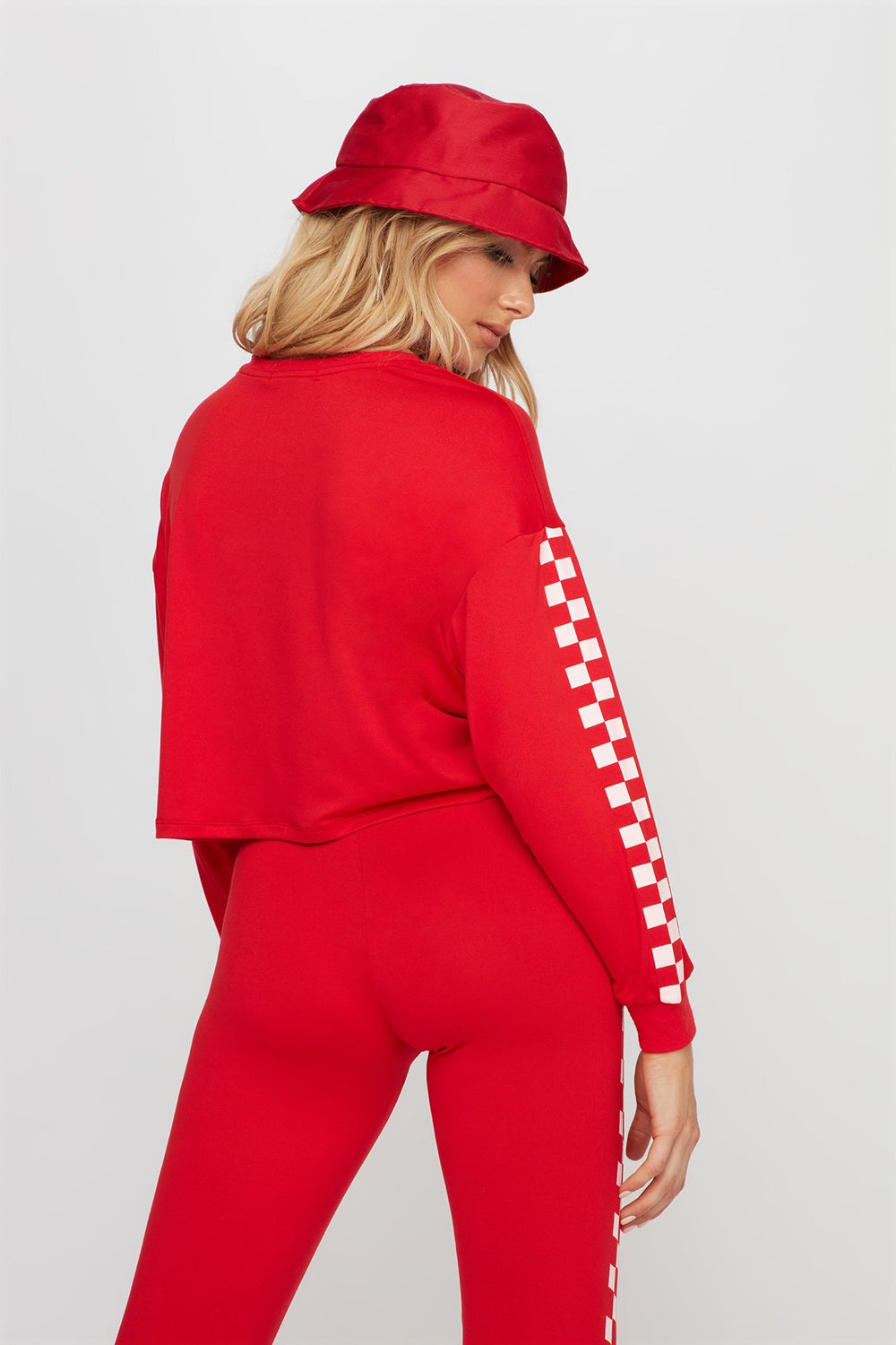 Women Cropped Side-Check Racer Long Sleeve Red