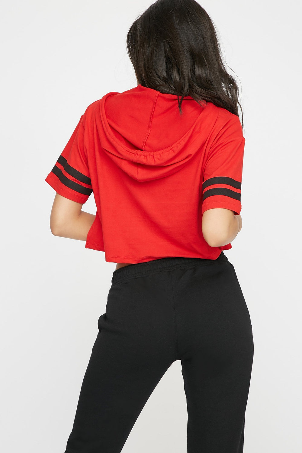 Women Cropped Varsity Striped Drawstring Hooded T-Shirt Red