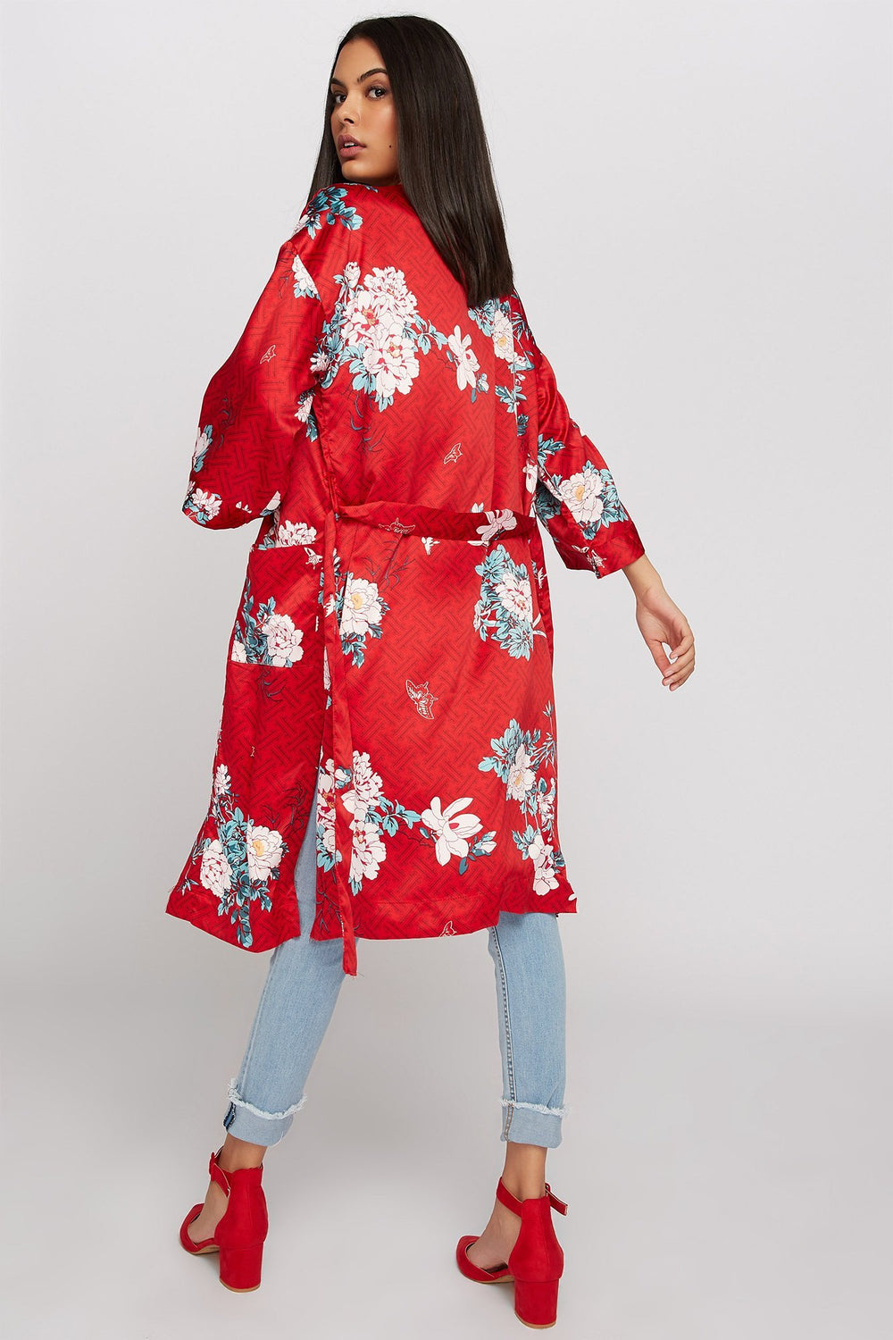 Women Floral Longline Slit Self-Tie Kimono Red