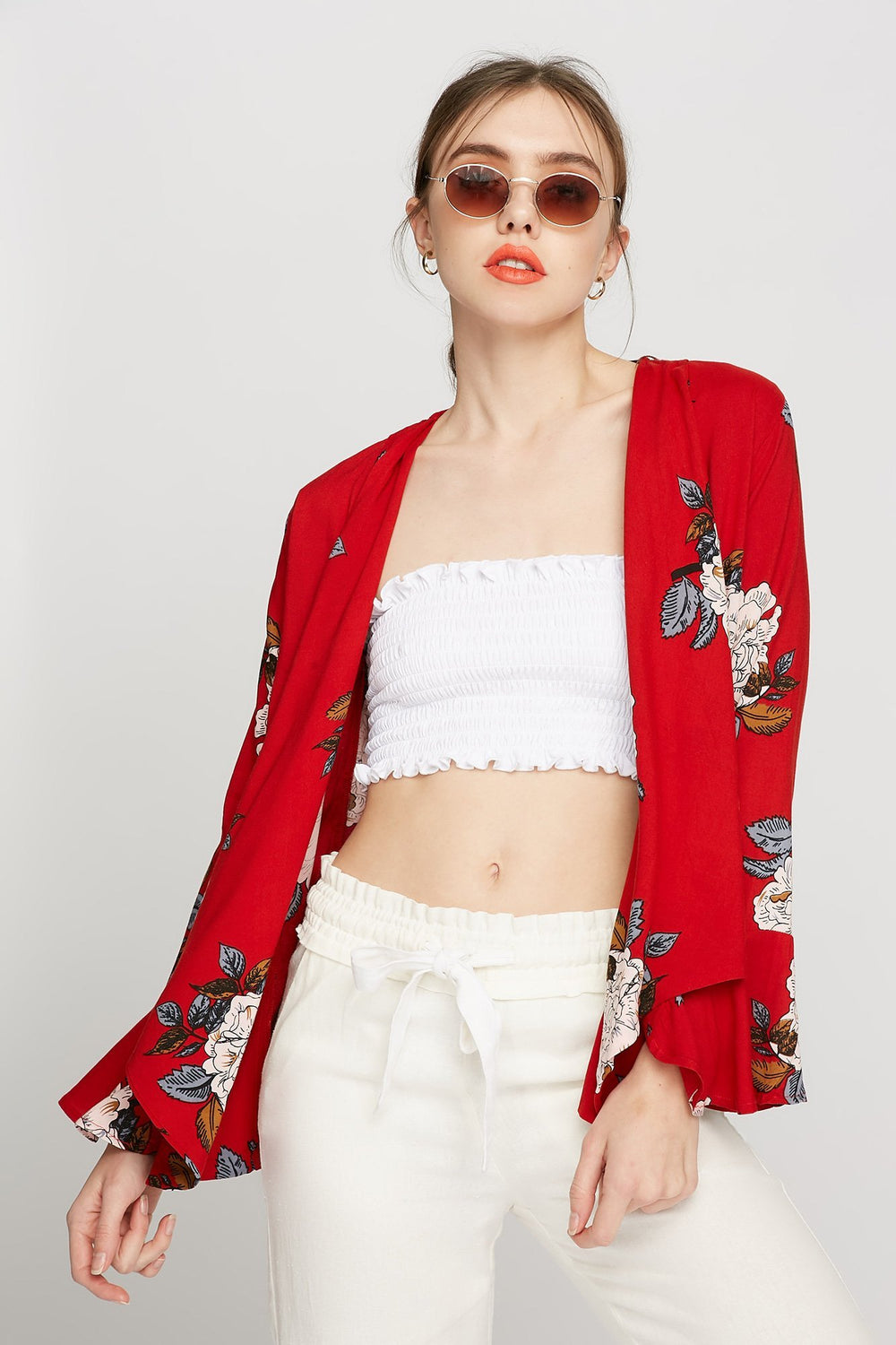 Women Floral Open-Front Bell Sleeve Kimono Cardigan Red