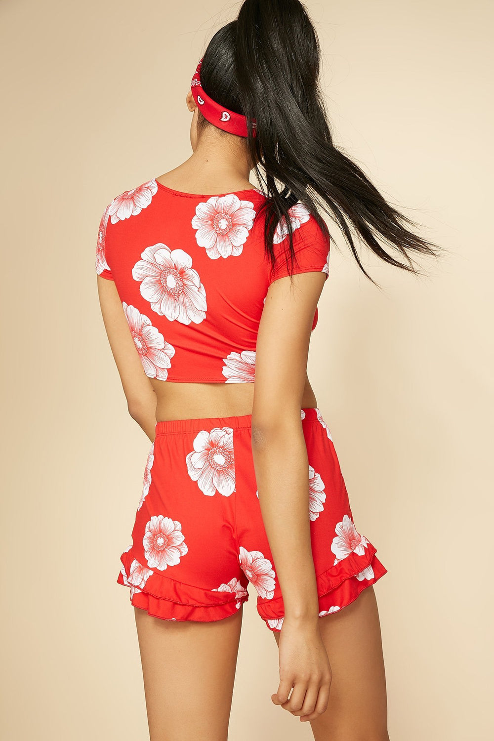 Women Floral Striped Front-Knot Cropped T-Shirt Red