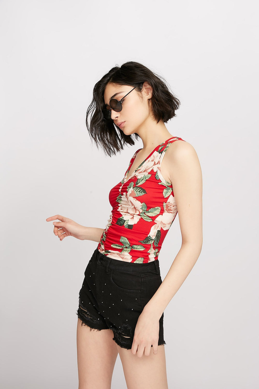 Women Floral V-Neck Ruched Tank Red