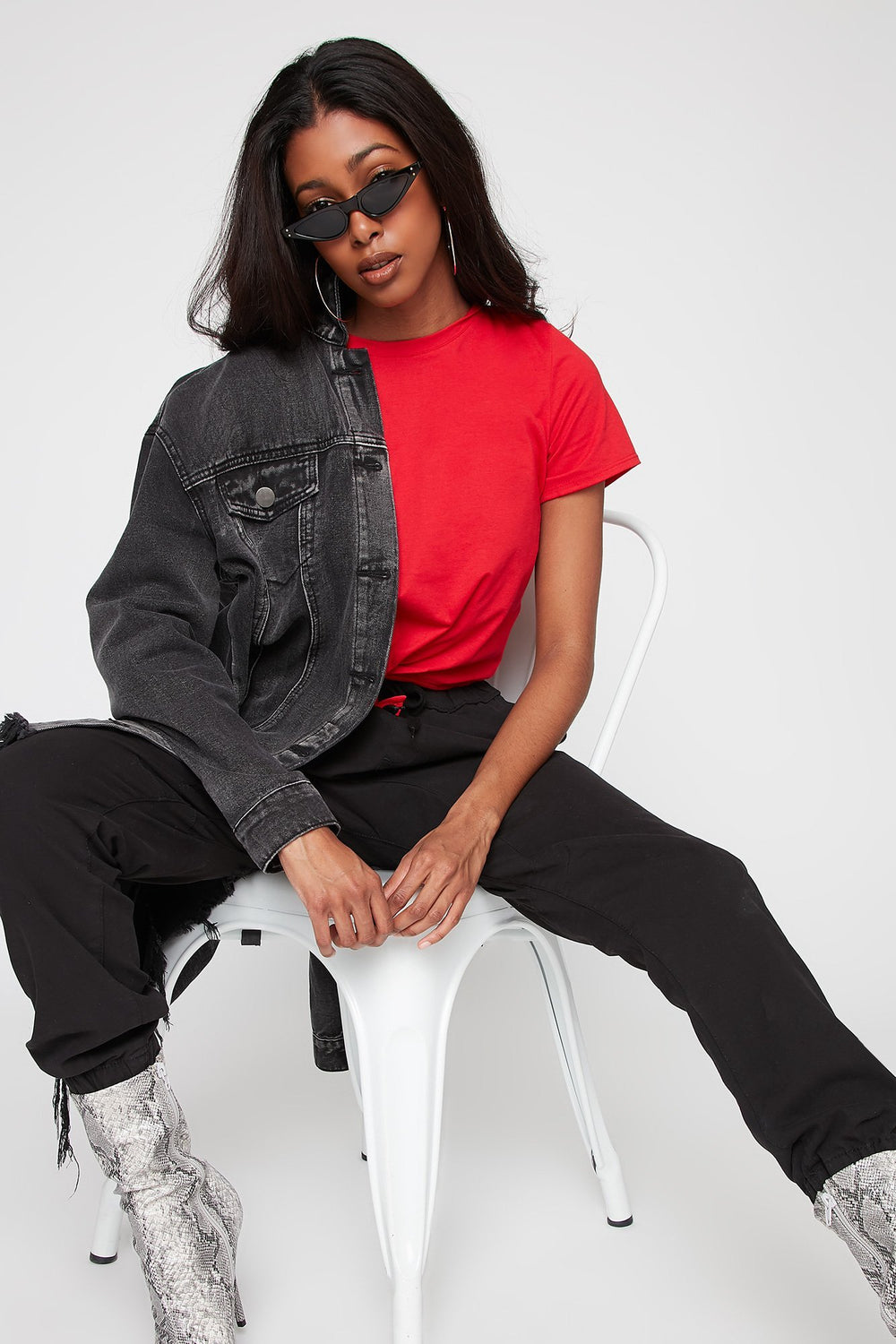 Women Front-Knot Self-Tie Crewneck T-Shirt Red