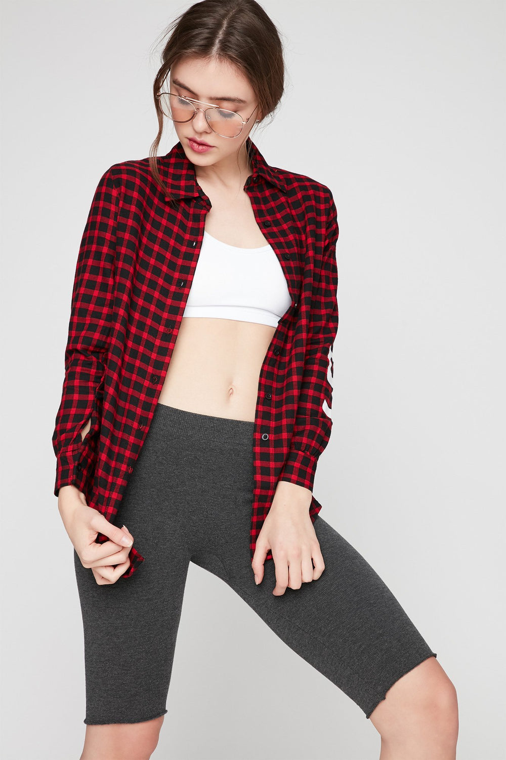 Women Graphic Print Plaid Button-Up Shirt Red