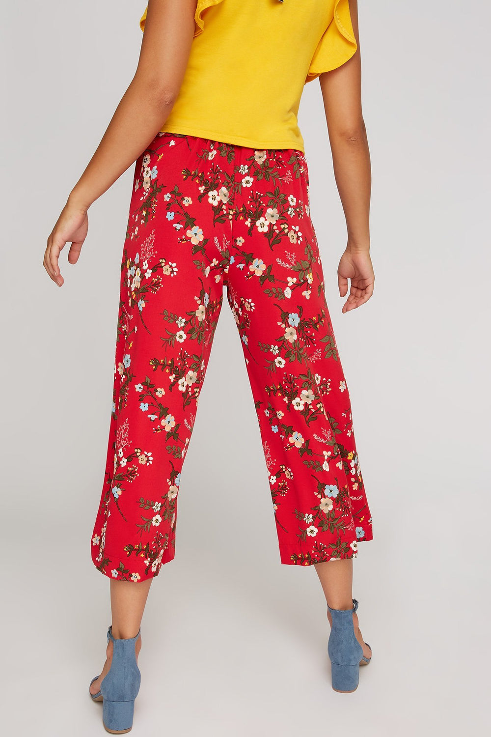 Women High-Rise Floral Culotte Self-Tie Pant Red