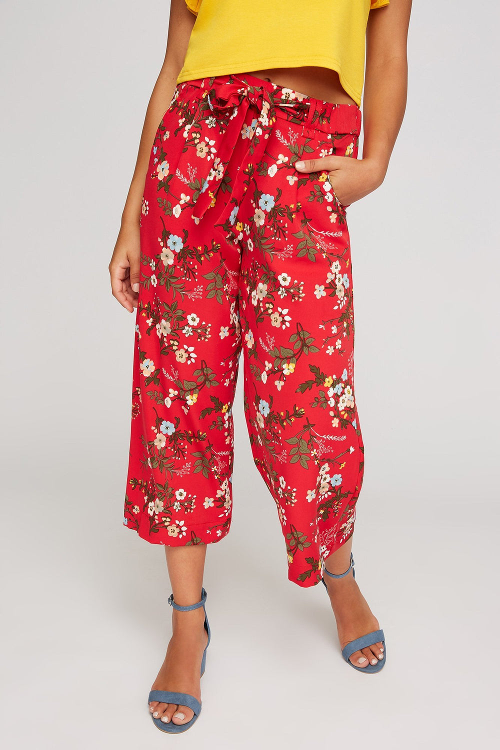 Women High-Rise Floral Culotte Self-Tie Pant Red