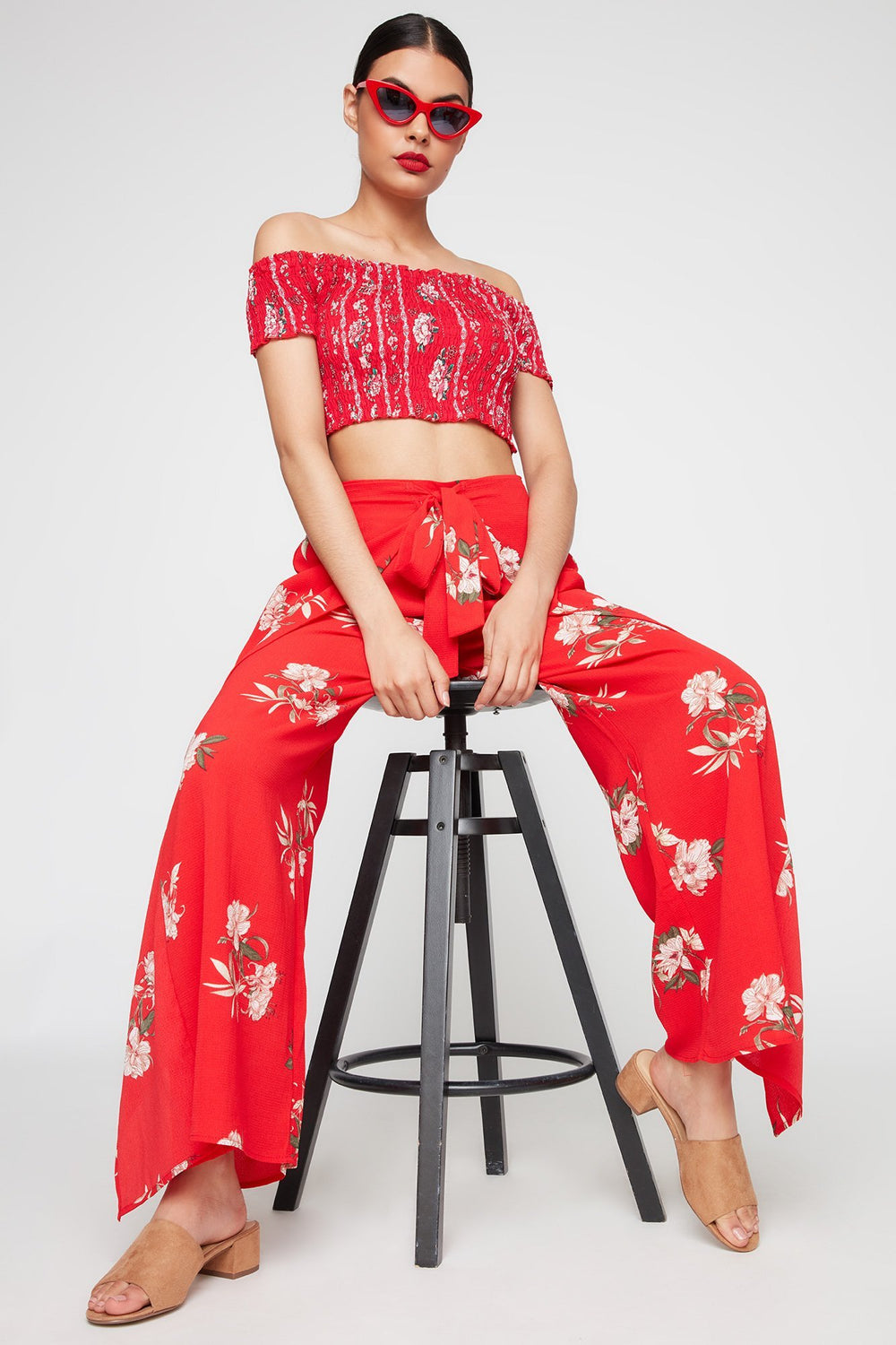 Women High-Rise Floral Self-Tie Wide-Leg Tulip Pant Red