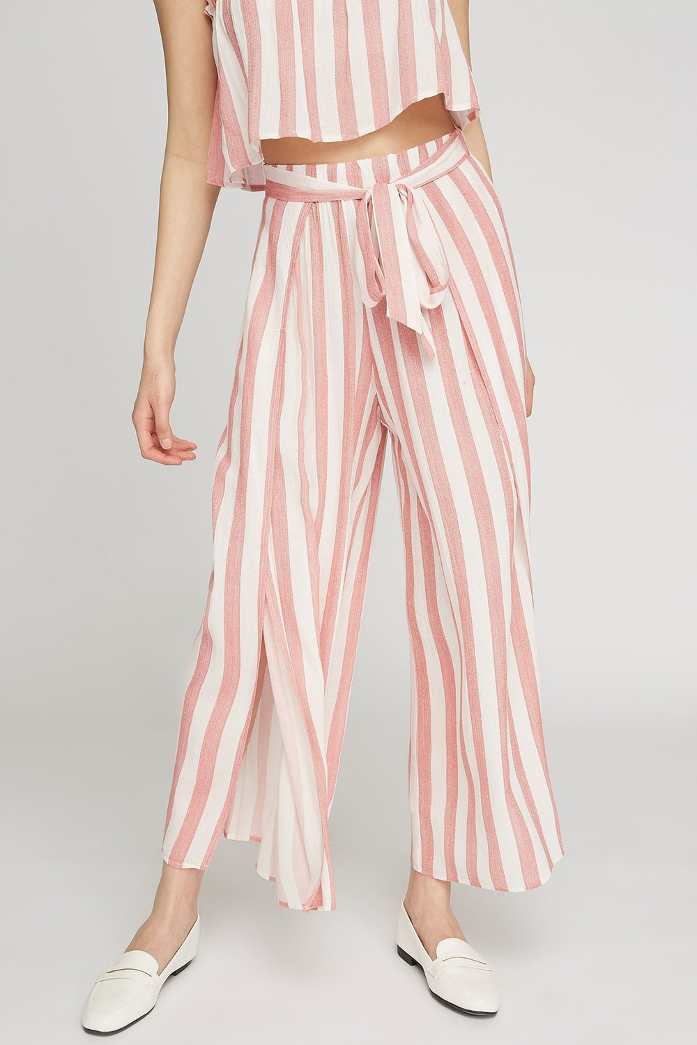 Women High-Rise Self-Tie Striped Slit Palazzo Pant Red