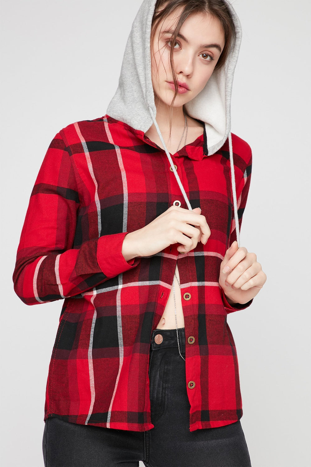 Women Hooded French Terry Plaid Button-Up Shirt Red