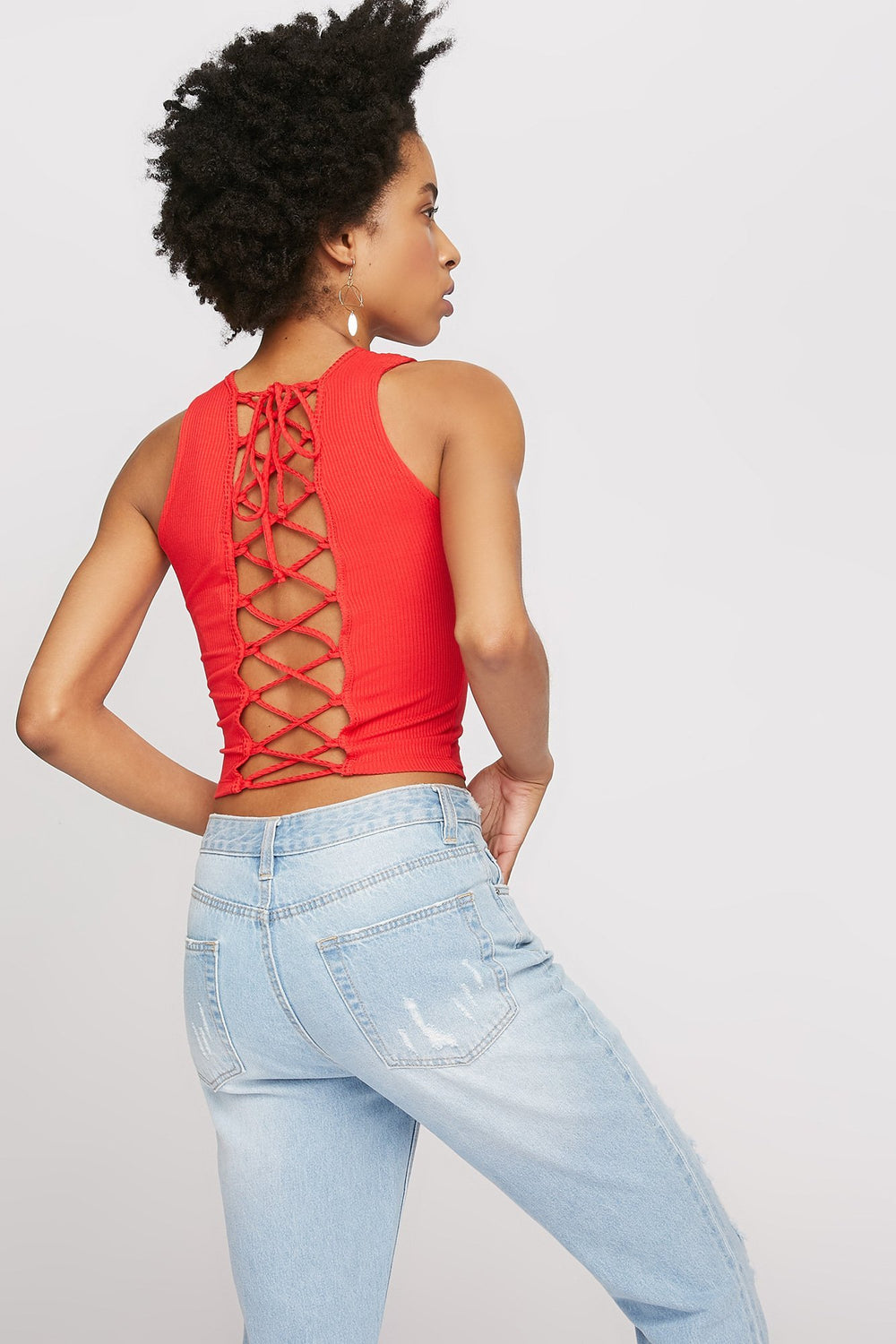 Women Lace-Up Back Ribbed Cropped Tank Red
