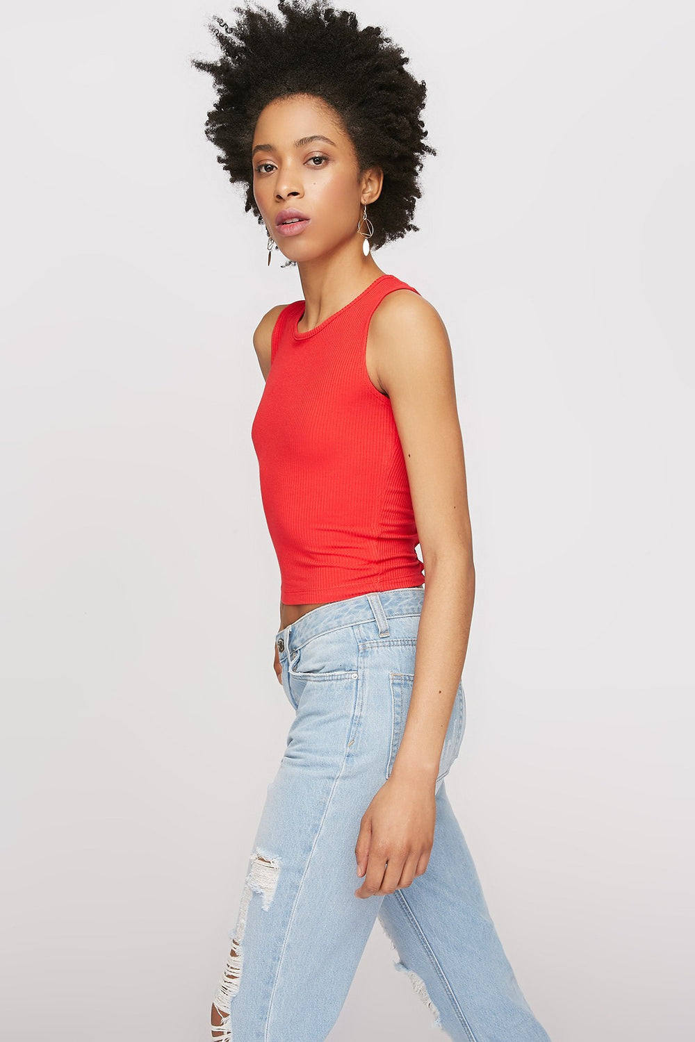 Women Lace-Up Back Ribbed Cropped Tank Red