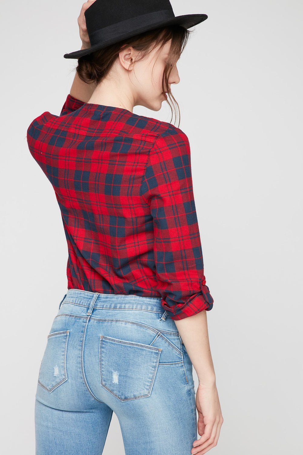 Women Lace-Up Front Plaid Button-Up Blouse Red
