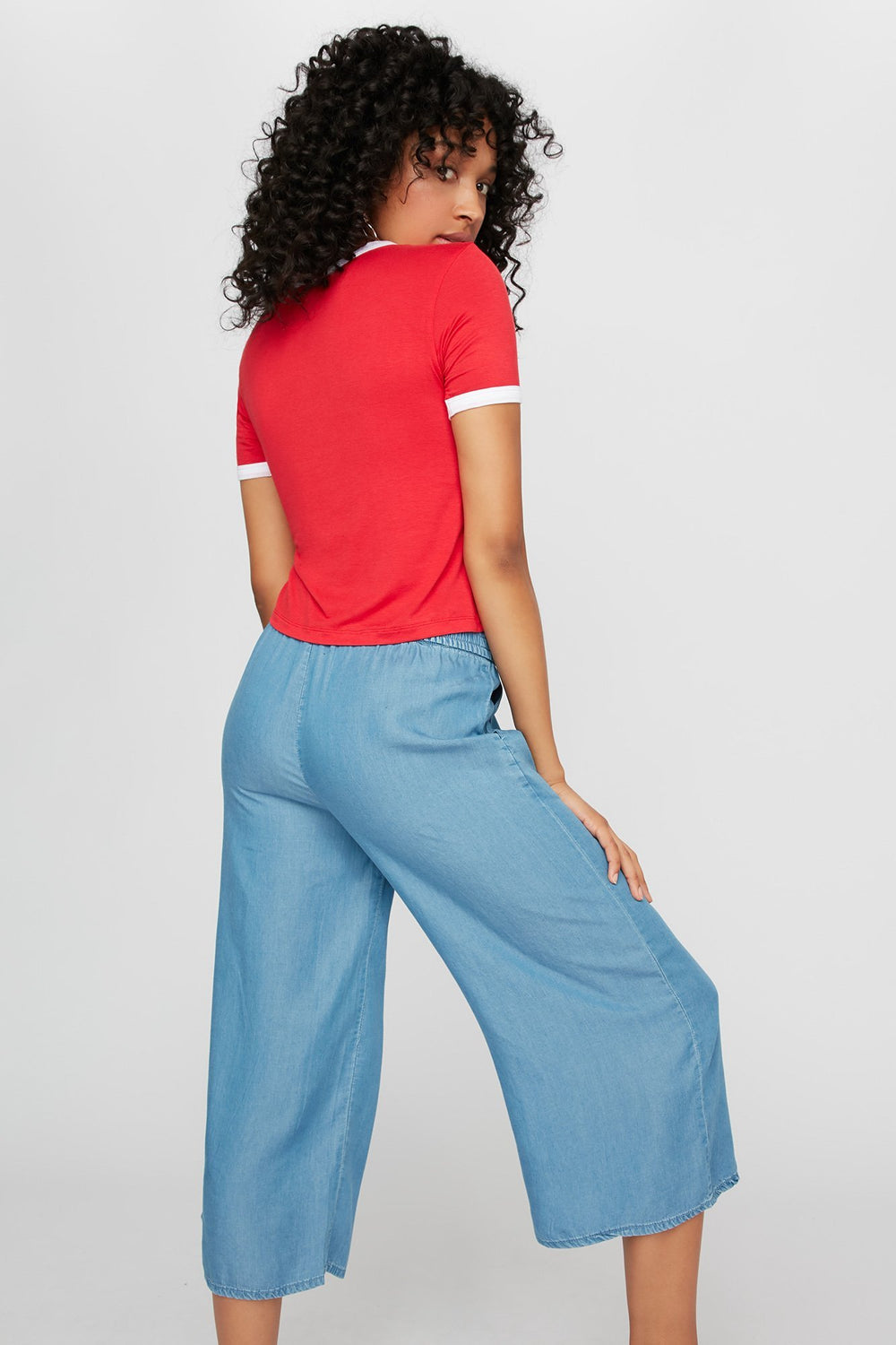 Women Lightweight Coloured Ringer T-Shirt Red