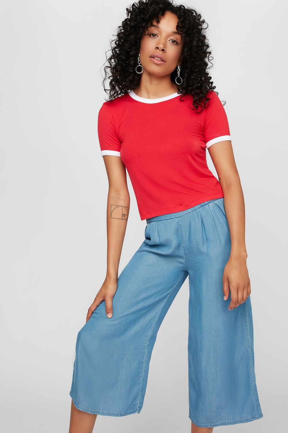 Women Lightweight Coloured Ringer T-Shirt Red