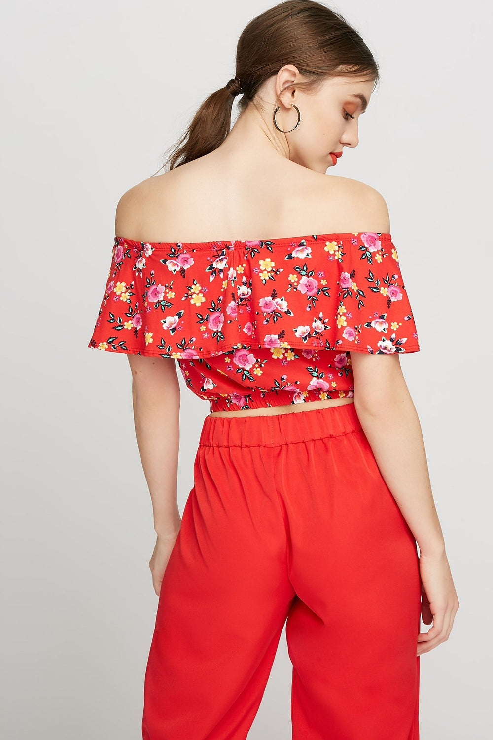 Women Off The Shoulder Floral Ruffle Cropped Blouse Red