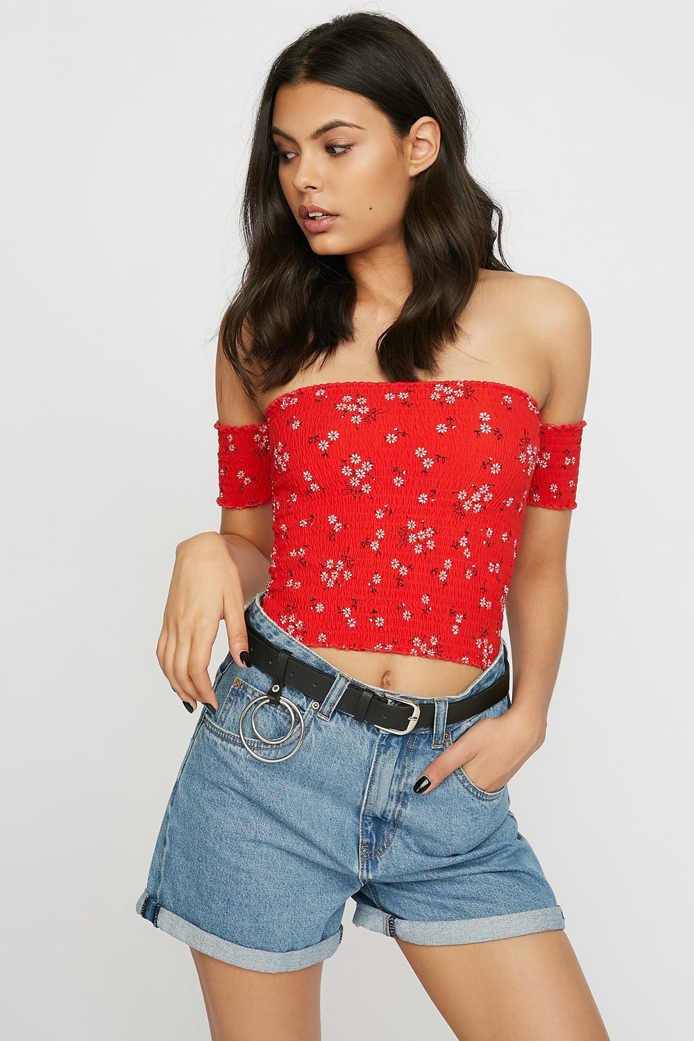 Women Off The Shoulder Floral Smocked Cropped Top Red