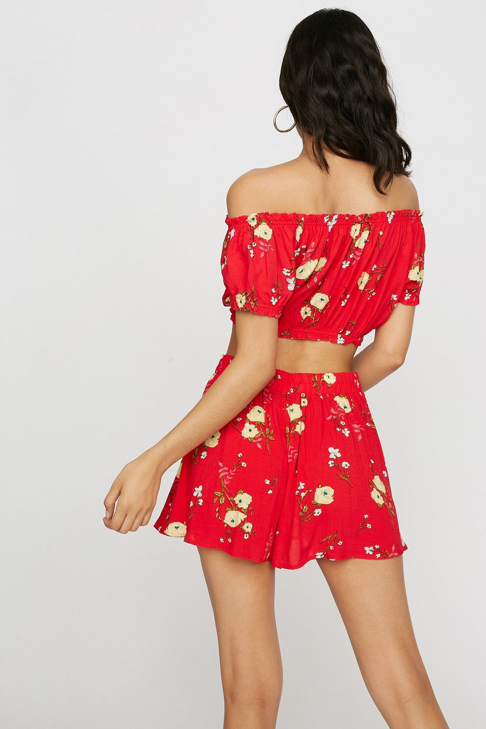 Women Off The Shoulder Printed Cinched Cropped Blouse Red
