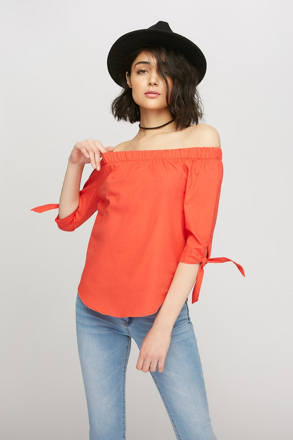 women Off The Shoulder Self-Tie Sleeve Blouse Red