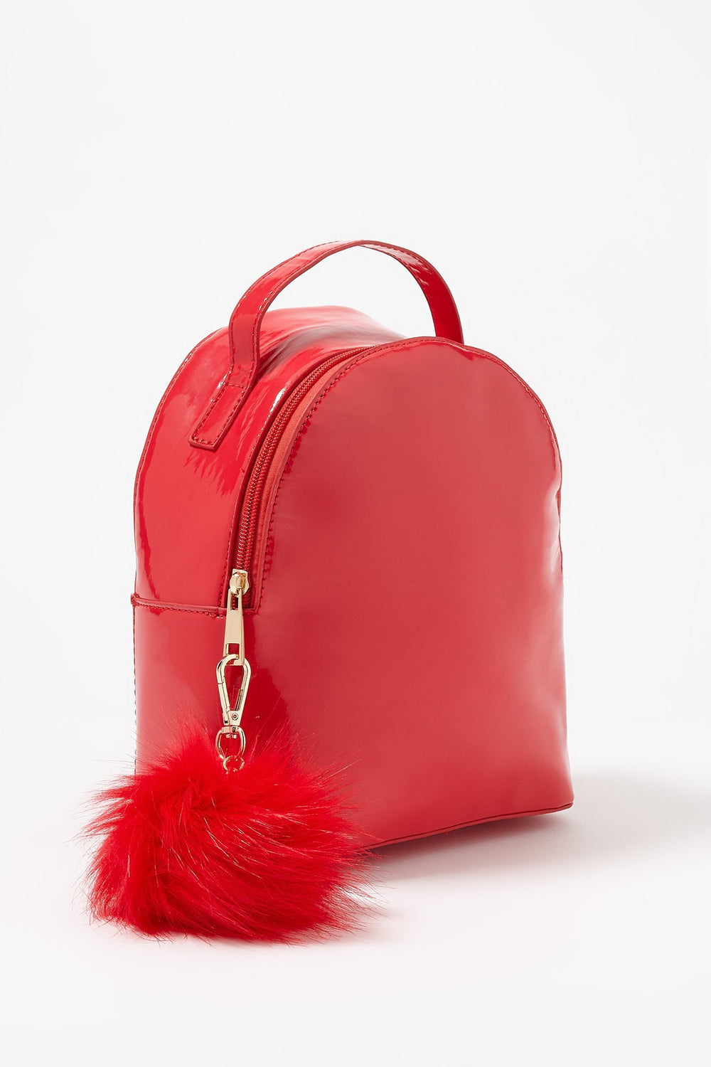 Women Patent Mini Backpack With Pom Pom Red