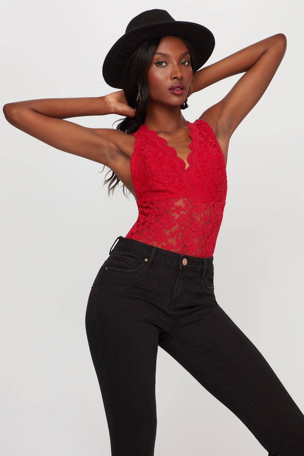 Women Plunging V-Neck Crochet Lace Bodysuit Red