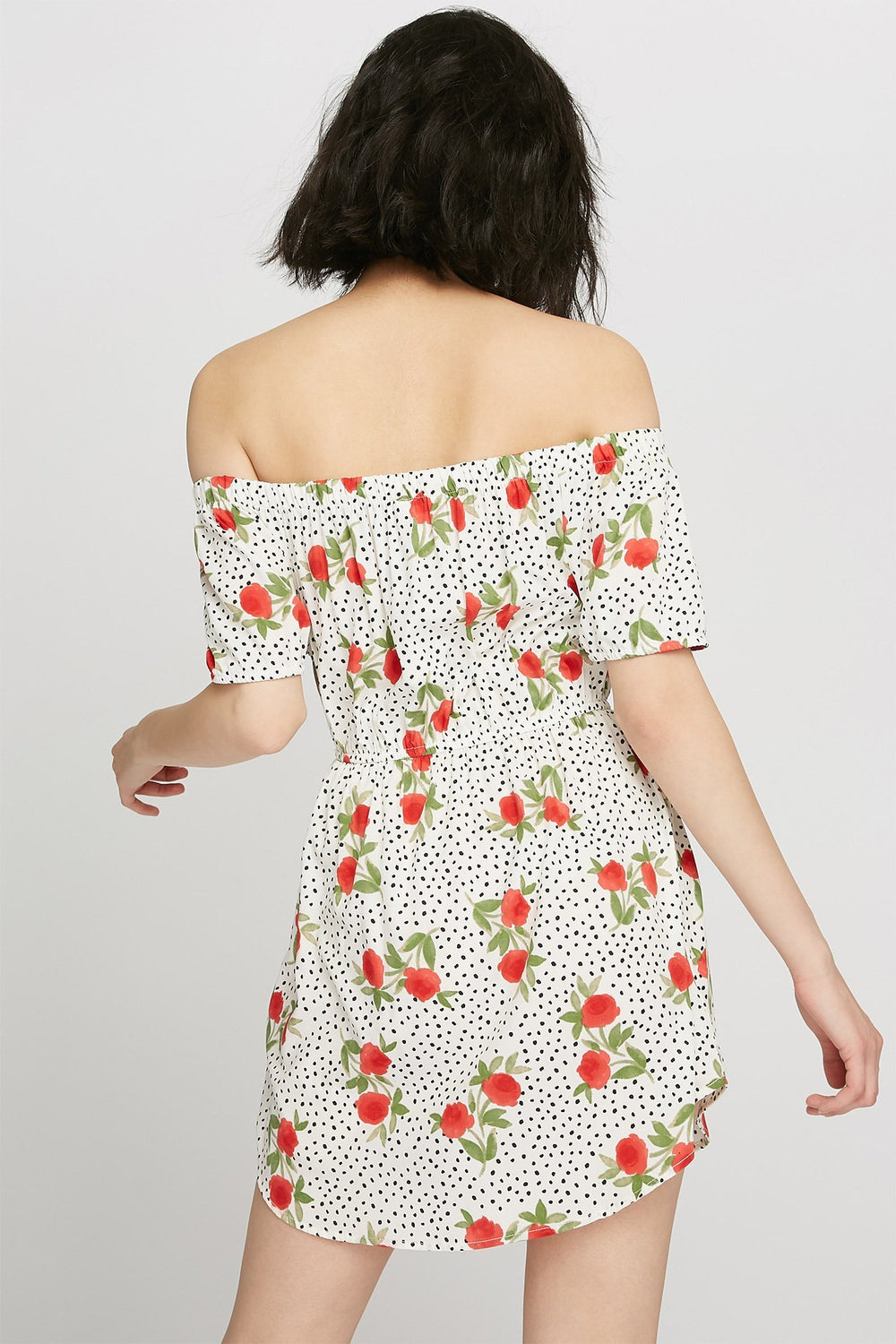 Women Printed Off The Shoulder Button-Up Self-Tie Mini Dress Red