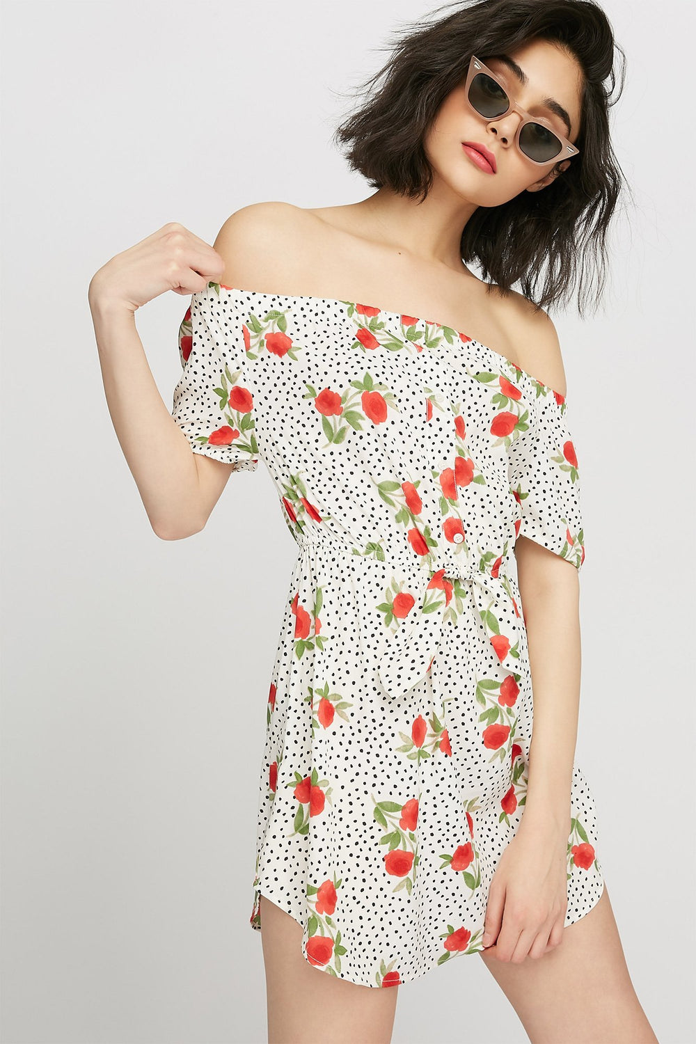 Women Printed Off The Shoulder Button-Up Self-Tie Mini Dress Red