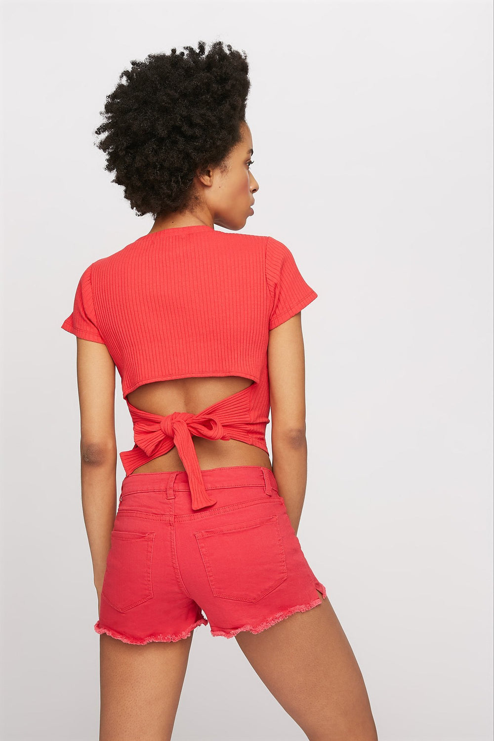 Women Red Frayed Hem London Denim Short Red