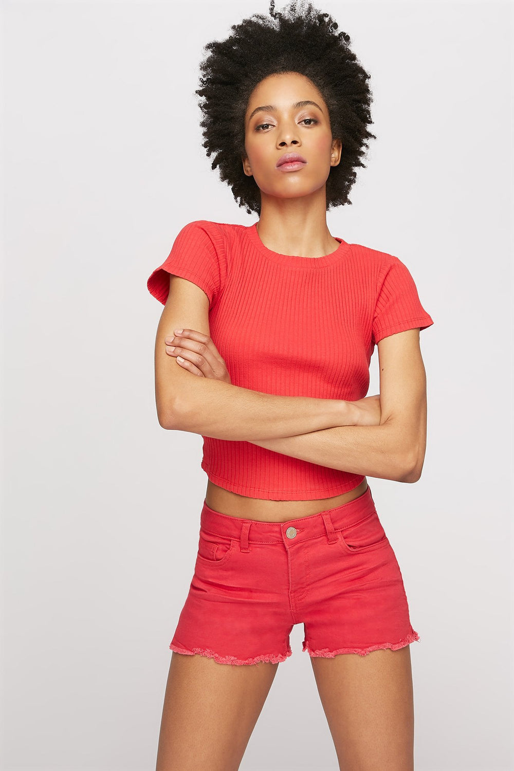 Women Red Frayed Hem London Denim Short Red