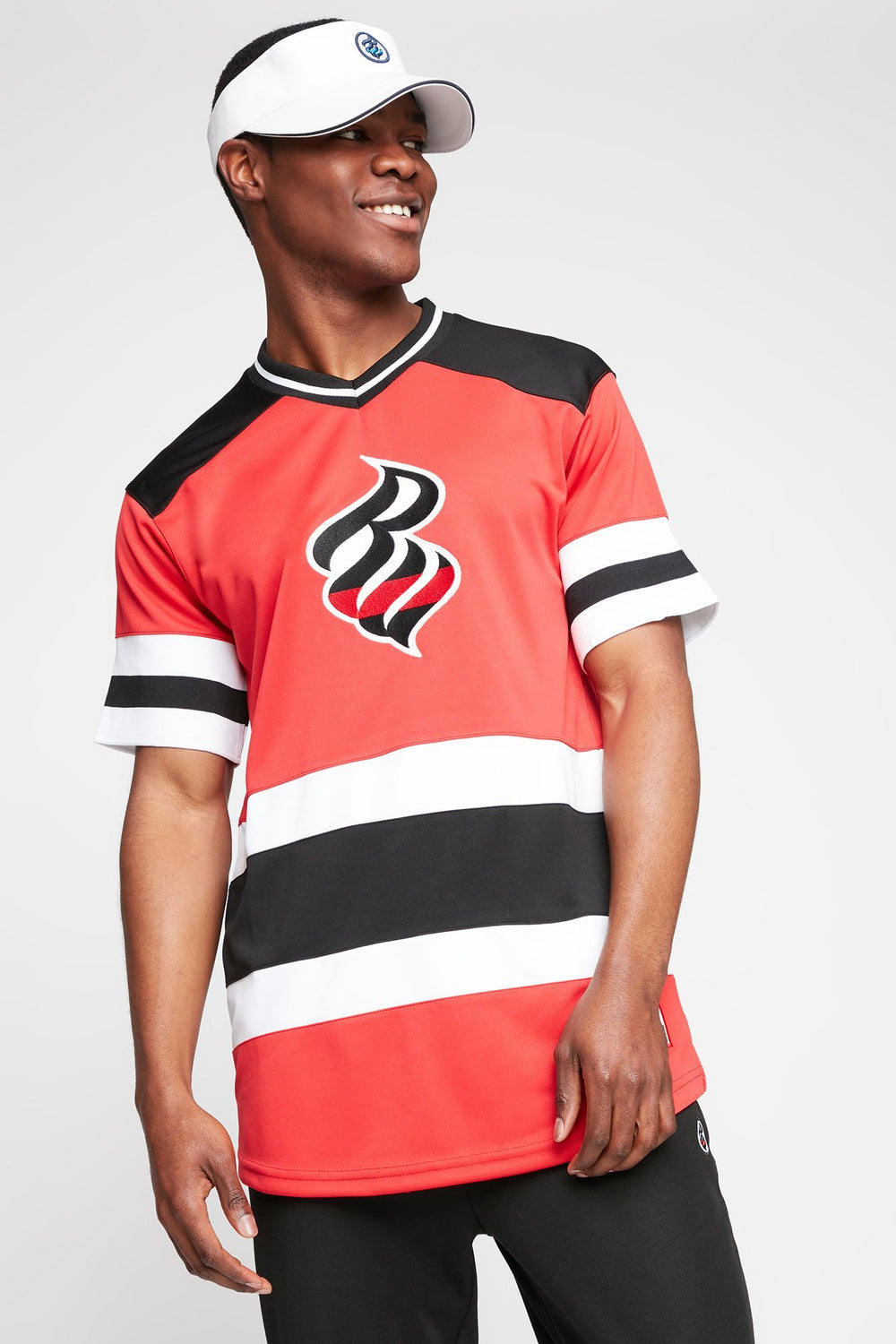 Men Rocawear Varsity Striped Graphic Popover Jersey Red
