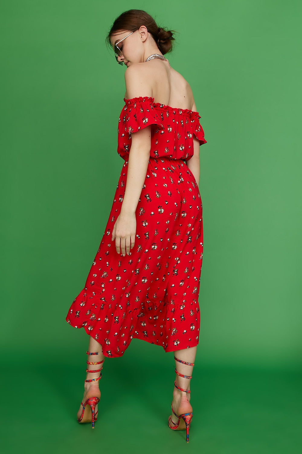 Women Ruffle Off The Shoulder High-Low Drawstring Midi Dress Red