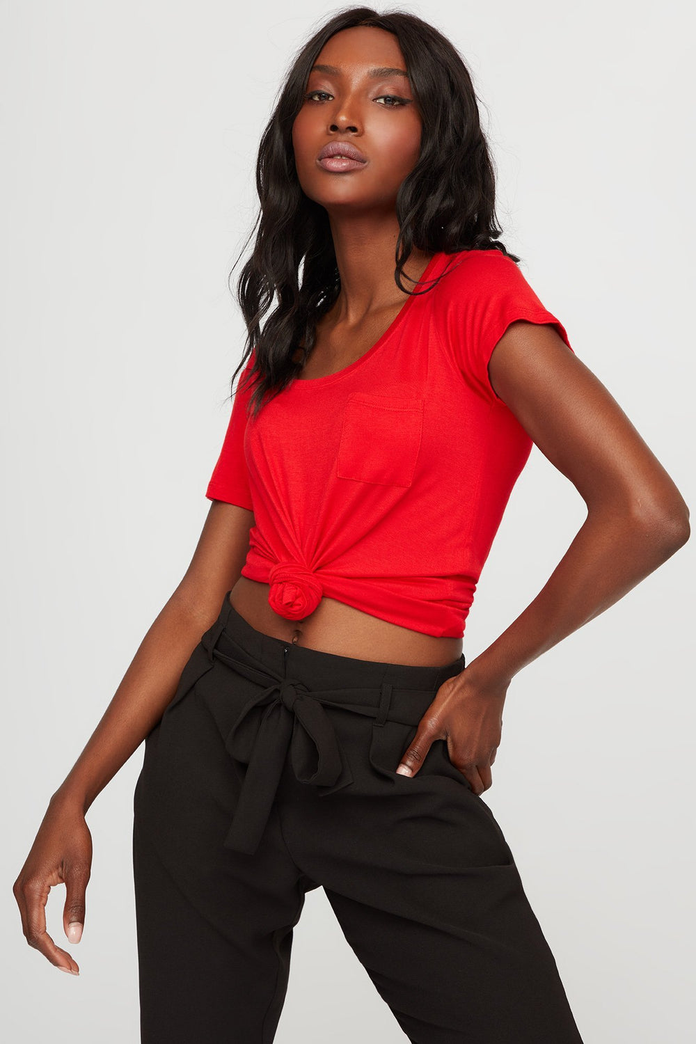 Women Scoop Neck Soft Basic Pocket Coloured T-Shirt Red