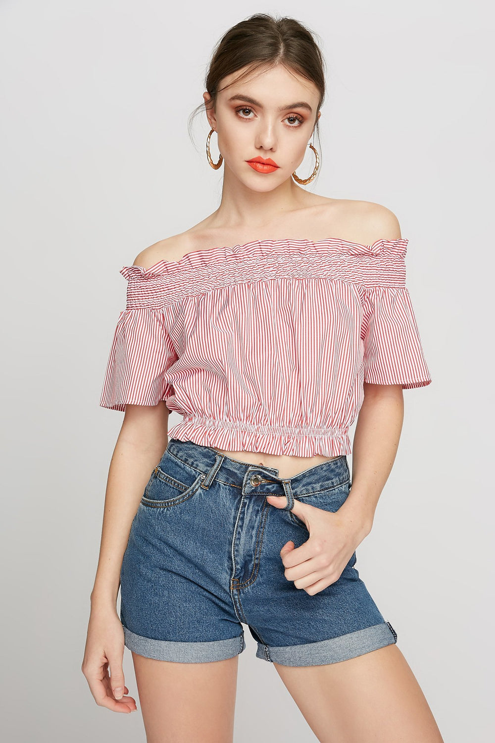 Women Smocked Off The Shoulder Ruffle Striped Cropped Blouse Red