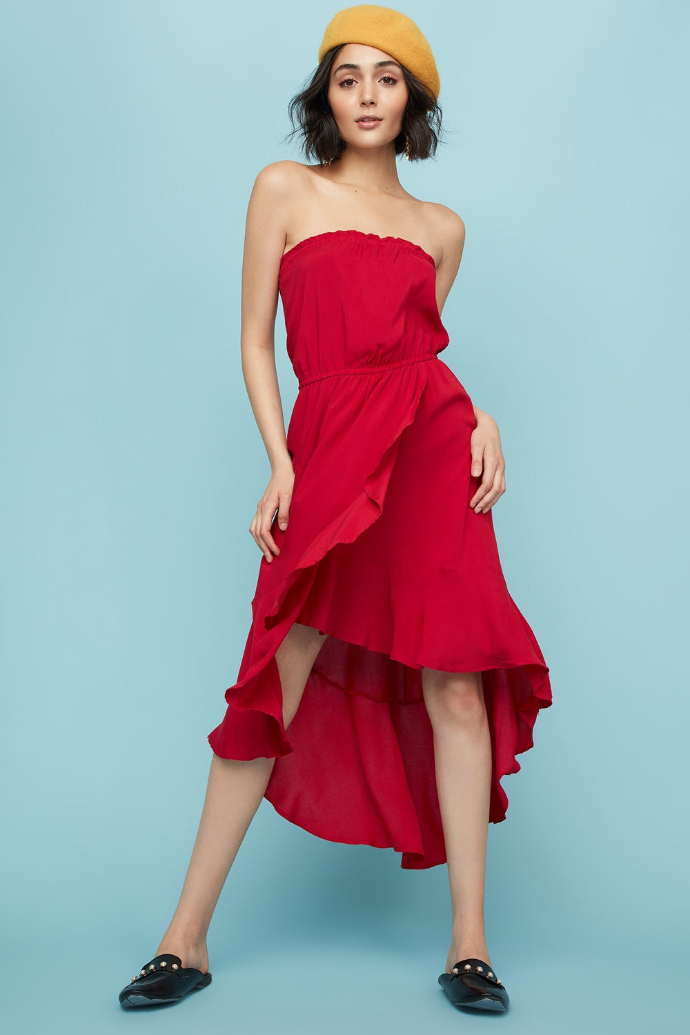 Women Strapless Asymmetrical Ruffle Midi Dress Red