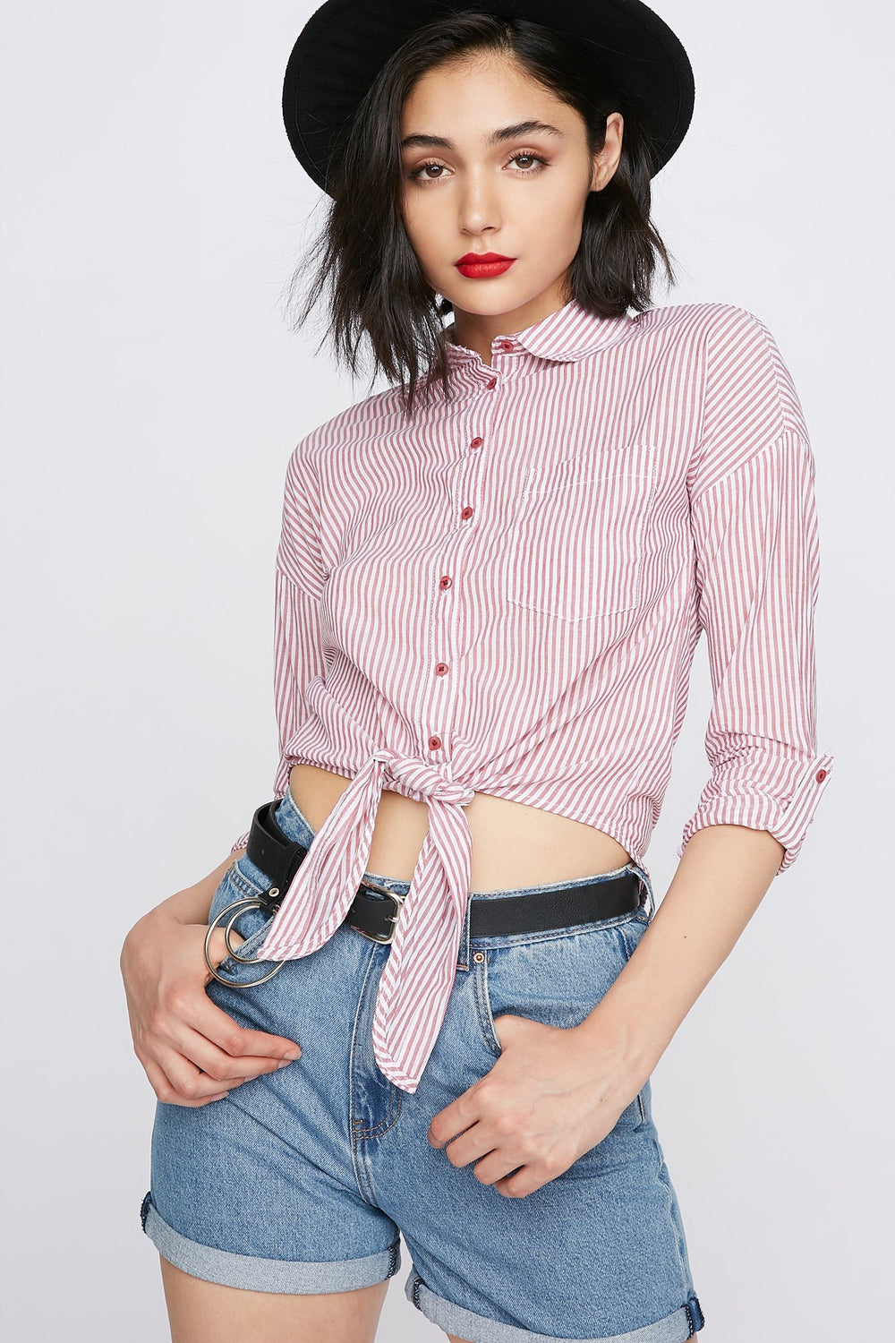 Women Striped Button-Up Front-Knot Long Sleeve Red