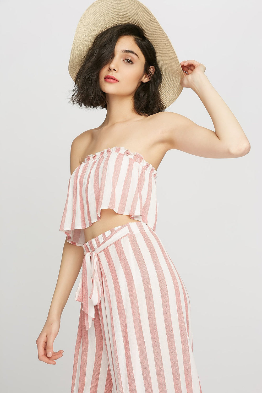 Women Striped Ruffle Tube Top Red