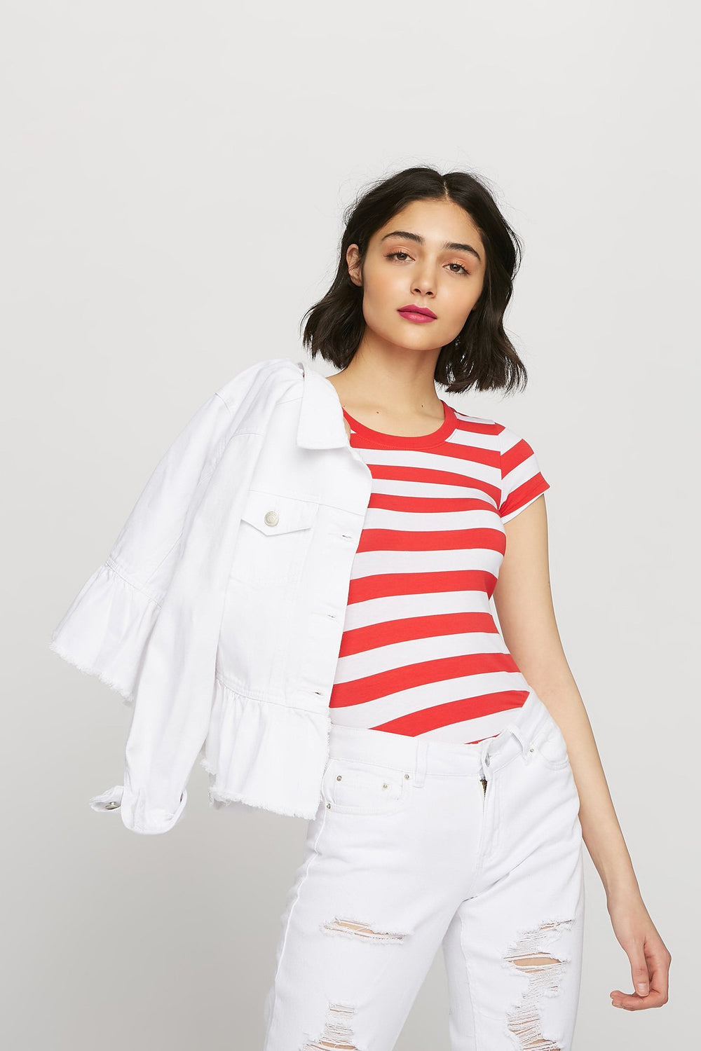 women Striped Scoop Neck T-Shirt Red