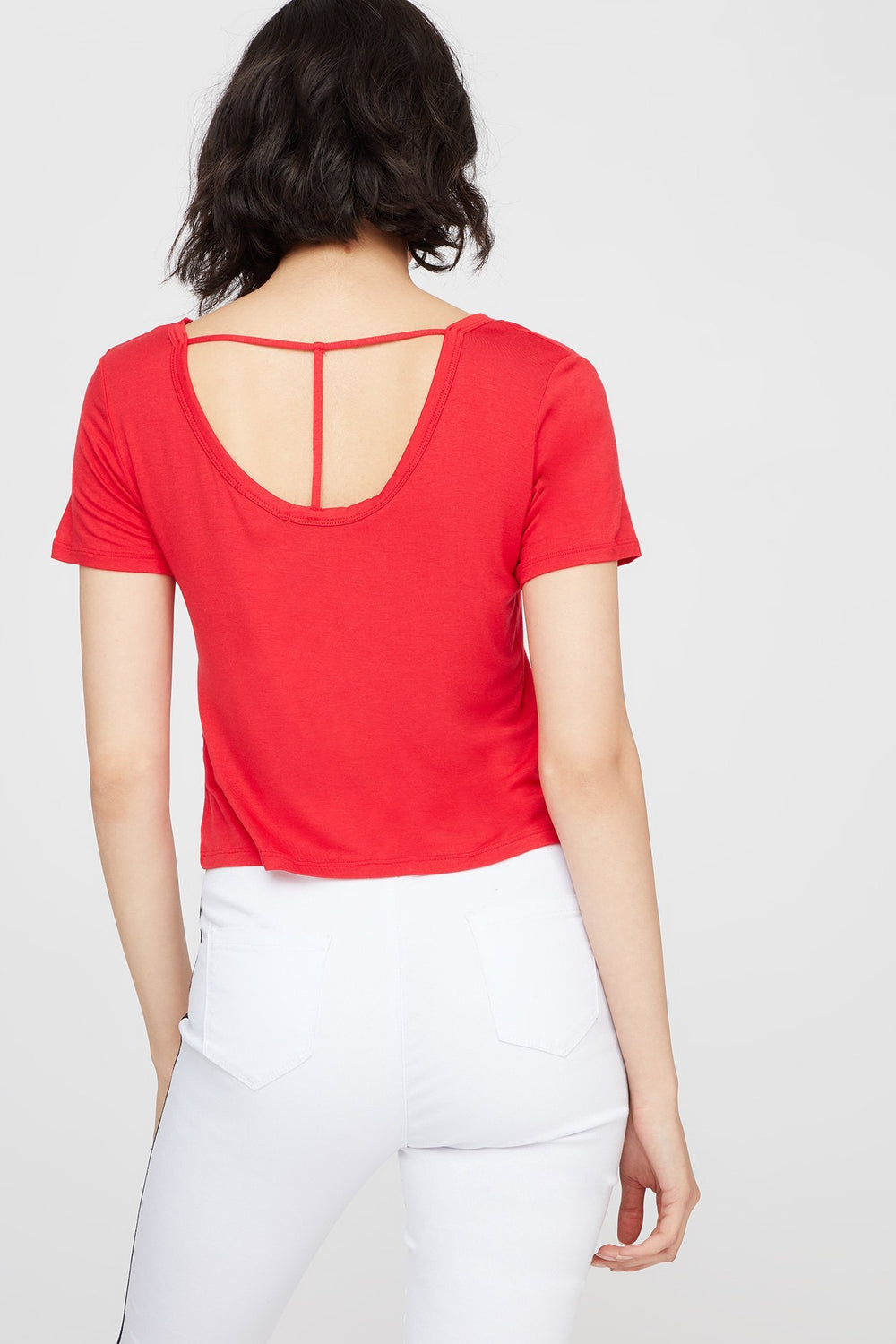Women T-Back Cropped Scoop Neck T-Shirt Red